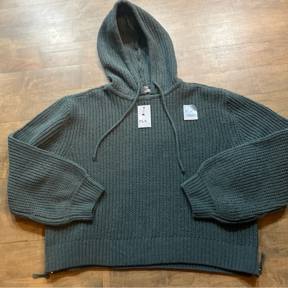 Women’s Green/ Gray FLX Hooded Sweater NWT Waffle Knit side zips